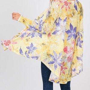 Cardigan yellow with coral flowers.